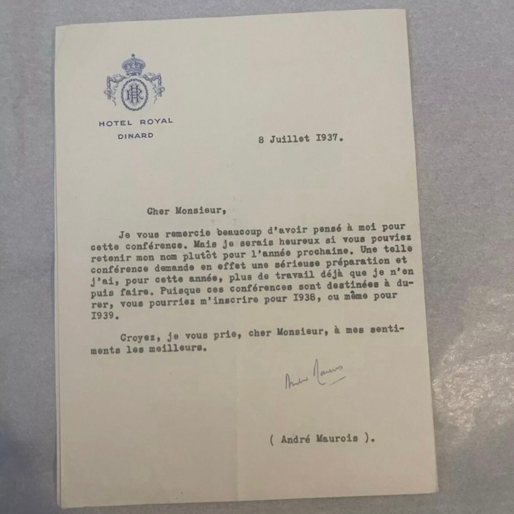 AUTOGRAPH Émile Salomon Wilhelm Herzog LETTER Andre Maurois SIGNED Certificate
